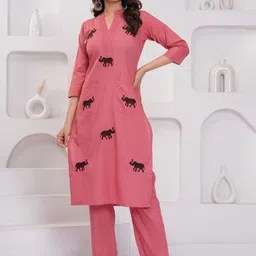 Fabmoha Women Embroidered Pleated Thread Work Pure Cotton Kurta with Pyjamas-56