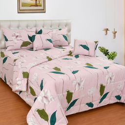 Nivasam Pink & Green 6 Piece Floral Cotton Double King Superfine Bedding Set-image-4