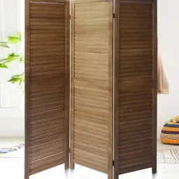shilpi Brown Floral Handcarved Wooden Room Divider Three Panels In Plain Stripes Pattern-picture-48