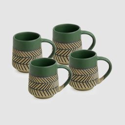 ExclusiveLane Green Set of 4 Chevron Waves Textured Handcrafted Ceramic Coffee Mugs 280 ml-35