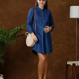 MomToBe Cuffed Sleeve Maternity Denim A-Line Dress-picture-29