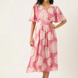 MISRI Floral Print Flared Sleeve Midi Wrap Dress-image-44