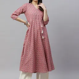 MIRAVAN Women Pink Ethnic Motifs Printed Gotta Patti Cotton Anarkali Kurta-image-16
