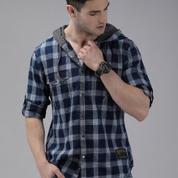 Roadster Men Navy Blue Checked Hooded Sustainable Casual Shirt-image-62