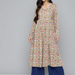 HERE&NOW Floral Printed Gathered Detail Calf Length A-Line Kurta-17