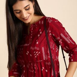 Anouk Women Red & WhiteGeometric Printed Pure Cotton Fit And Flare Midi Dress-picture-17