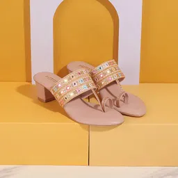 Metro Open One Toe Ethnic Embellished Block Heels-6