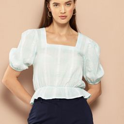 Chemistry Checked Puff Sleeve Cotton Top-image-59
