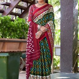 Satrani Green & Maroon Cotton Ikkat Print Saree With Unstitched Blouse-image-80