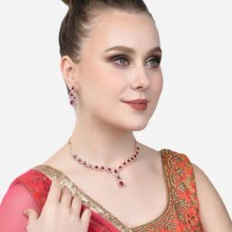 Zaveri Pearls Pink Dazzling Cubic Zirconia Brass Necklace & Earring Set-ZPFK15302-15