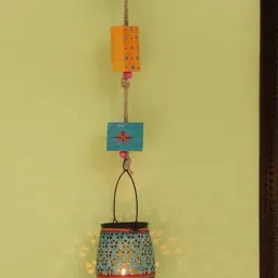 ExclusiveLane Hand-Painted Hanging Tea-Light Holder In Iron (Turquoise Blue)-41