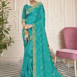 Satrani Turquoise Blue Floral Print Saree With Unstitched Blouse-image-26