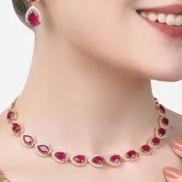 Zaveri Pearls Pink Cubic Zirconia TearDrop Brass Necklace & Earring Set-ZPFK15301-image-59
