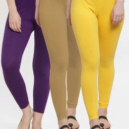 Gracit Yellow & Purple Mid Rise Leggings - Pack Of 3-image-86