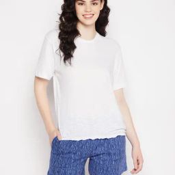 Clovia White & Blue Cotton Textured T-Shirt With Boxer Shorts-image-42