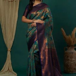 Satrani Green Silk Blend Woven Saree With Unstitched Blouse-image-67