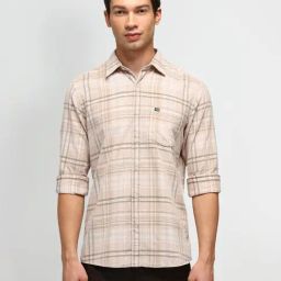Arrow Sport Beige Cotton Slim Fit Checks Shirt-image-93