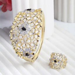 Zeneme Gold Plated Black AD Studded Celebrity Inspired Kada Style Bracelet & Ring Set-image-70
