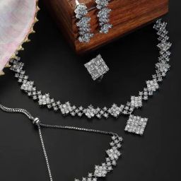 Zeneme Rhodium Plated Silver Toned White American Diamond Studded Jewellery Set-picture-29