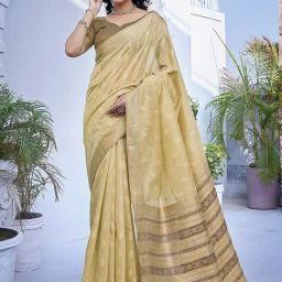 Satrani Beige Silk Woven Saree With Unstitched Blouse-image-15