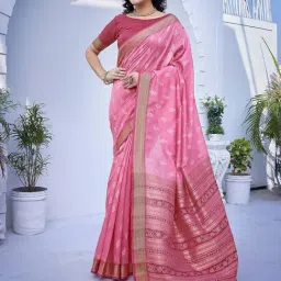 Satrani Pink Silk Woven Saree With Unstitched Blouse-picture-49