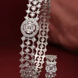 Zeneme Silver Toned Ad Studded Bangle Style Kada Bracelet & Ring Set-image-10