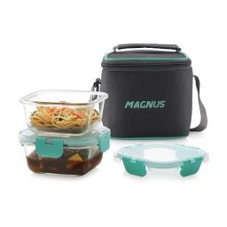 Magnus Glock Green Borosilicate Glass Square Containers Lunch Box with Vertical Pouch - Set of 2-10