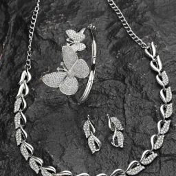 Zeneme Silver Toned Stone Studded Rhodium Plated Jewellery Set-image-16