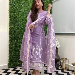 GoSriKi Floral Embroidered Thread Work Straight Kurta With Trousers And Dupatta-54