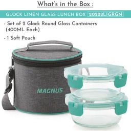 Magnus Glock Green Borosilicate Glass Round Containers Lunch Box with Vertical Pouch - Set of 2 image 2