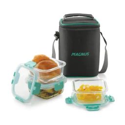 Magnus Glock Green Borosilicate Glass Square Containers Lunch Box with Vertical Pouch - Set of 3-29