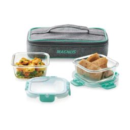Magnus Glock Linen Green Borosilicate Glass Square Containers Lunch Box with Flat Pouch - Set of 2-13