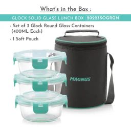 Magnus Glock Green Borosilicate Glass Round Containers Lunch Box with Vertical Pouch - Set of 3 image 2