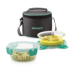 Magnus Glock Green Borosilicate Glass Round Containers Lunch Box with Vertical Pouch - Set of 2-18