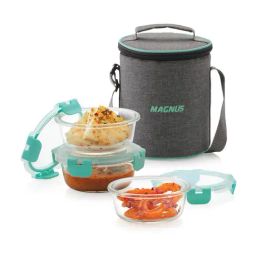 Magnus Glock Linen Borosilicate Glass Round Containers Lunch Box with Vertical Pouch - Set of 3-14