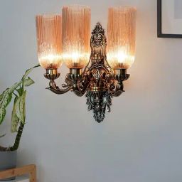 FOS LIGHTING Traditional Antique 3-Light Wall Sconce with Golden Luster Corrugated Glass Shades-2