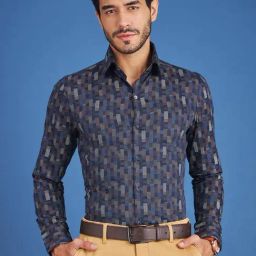 Louis Stitch Navy Blue Cotton Regular Fit Printed Shirt-image-80