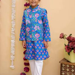 The Mom Store Boys Blue Cotton Printed Kurta with Jacket and Pajama-17