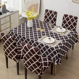 FAVRIA Set Of 5 Brown & white Printed Waterproof Table Cover With Chair Covers-12