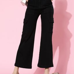 DOLCE CRUDO Women Stylish Black High-Rise Wide Leg Stretchable Jeans-image-54