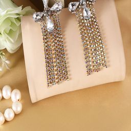 IIK COLLECTION Silver Gold-Plated Crystal Studded Floral Drop Earrings-image-97
