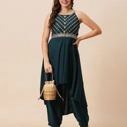 Globus Floral Yoke Design Sequinned A-Line Kurta with Afghani Pants-picture-53
