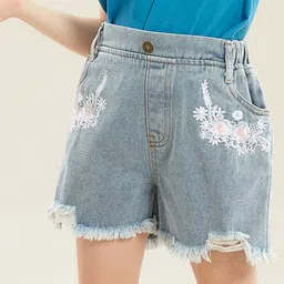 Kookie Kids Denim Mid Thigh Short Floral Embroidered - Blue-picture-14