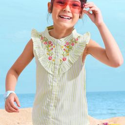 Babyhug Cotton Sleeveless Top With Dobby Striped Embroidery & Frill Detailing - Green & White-image-27
