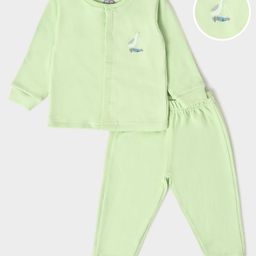 Mi Arcus 90% Polyester 10% Elastane Full Sleeves Bird  Printed Winter Wear Thermal Set - Light Green-71