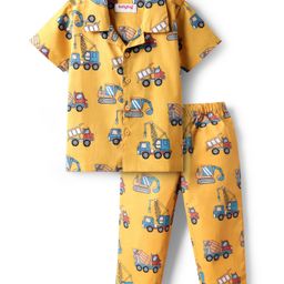 Babyhug Cotton Knit Half Sleeves Collar Neck Night Suit with Teddy Print - Yellow-image-51