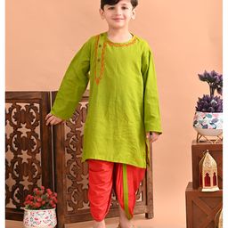 Superminis Cotton Full Sleeves Abstract Embroidered Kurta with Dhoti - Mehendi Green-image-75