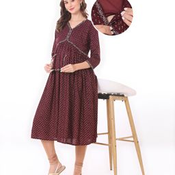 Bella Mama Woven Three Fourth Sleeves Maternity Kurta With Pocket -Wine-picture-27