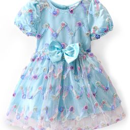 Babyoye Woven Half Sleeves Floral & SequinedEmbroidered Party Frock with Bow Applique - Light Blue-image-51