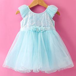 Babyhug Woven Sleeveless Dress With Sequinned Yoke & Floral Applique - Light Blue-image-9